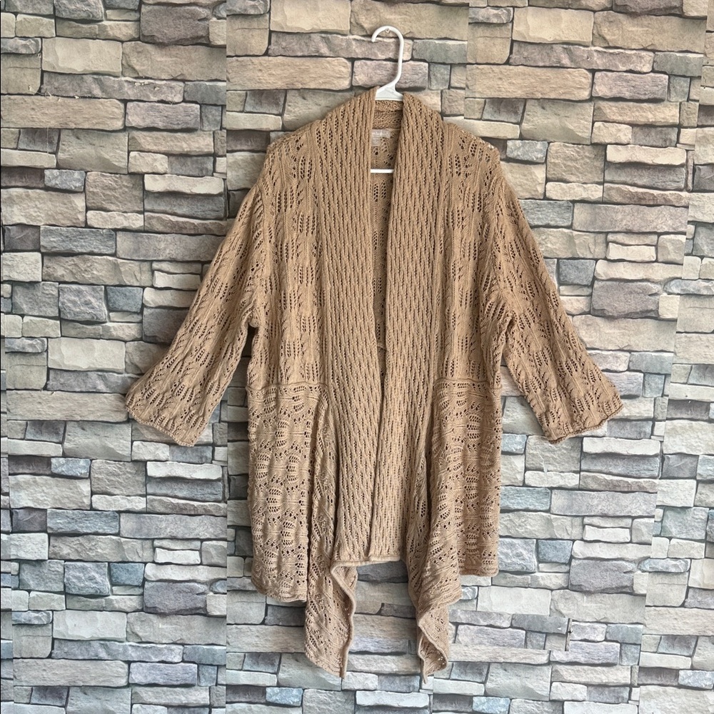 Woman Within Tan Open-Front Cardigan